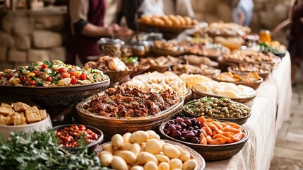 Abundant medieval-style food buffet with various dishes.