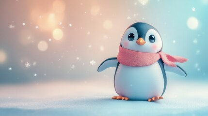 Adorable Cartoon Penguin in Red Scarf Winter Wonderland Scene