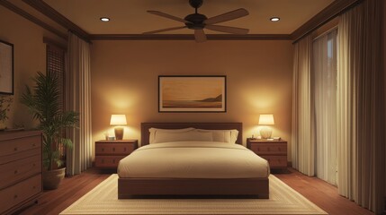 Modern Arafed bedroom interior with a cozy bed, minimalist dresser, and ceiling fan, creating a comfortable and airy space. Copy space.