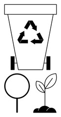 Recycling bin with arrows, soil supporting young sapling, and tree outline. Ideal for environment, sustainability, recycling, waste management, ecology green lifestyle growth metaphor. Flat simple