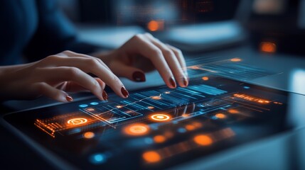 Fototapeta premium Hands Interacting with Futuristic Digital Touchscreen Display