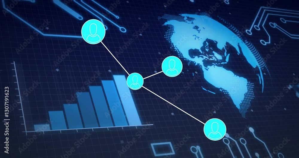 Poster animation showing digital network connections and data analytics over world map