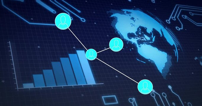 Animation showing digital network connections and data analytics over world map