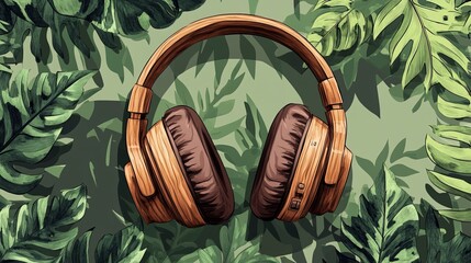 headphone, hand-drawn, top view, forest background, wooden headphones with detailed textures, natural look with organic elements.