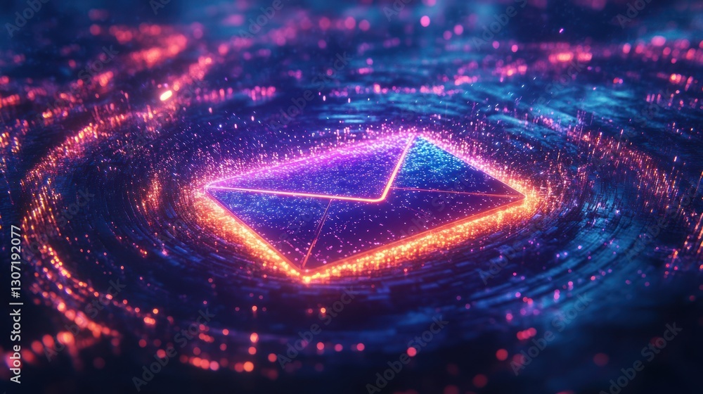 Poster glowing digital email symbol in particle swirl.
