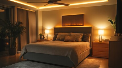 Stylish Arafed bedroom featuring a neatly made bed, contemporary dresser, and ceiling fan, illuminated by warm lighting. Text space available