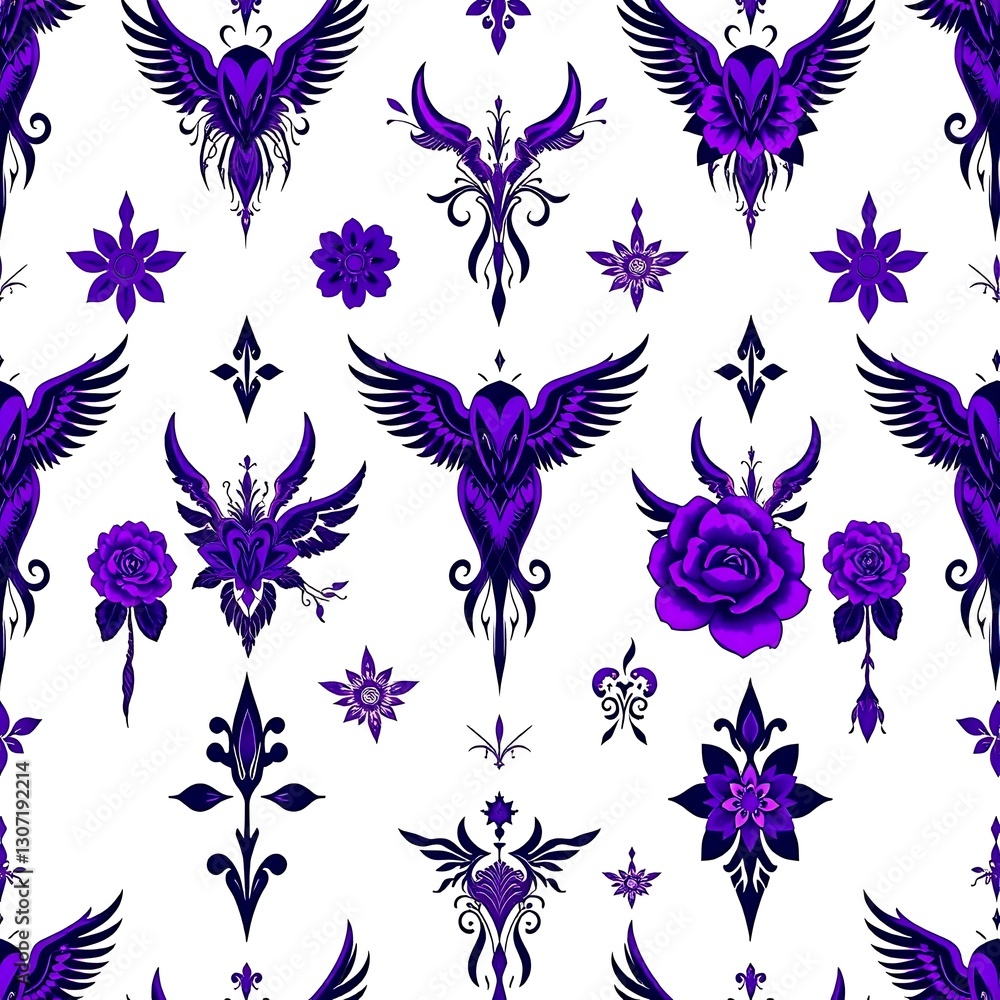 Poster phoenix pattern: a seamless pattern showcases an array of stylized phoenixes and floral designs, int