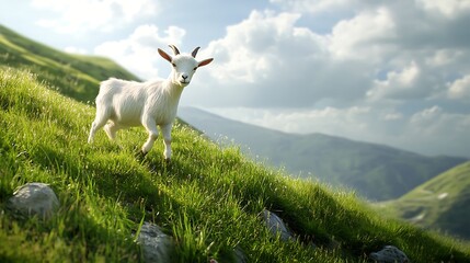 Obraz premium White goat on hill with clouds and blue sky high resolution picture