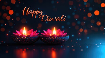 Happy diwali celebration with glowing diyas and colorful bokeh lights. Diwali, Deepavali, Festival of Lights, Dipawali - Hindu Celebration, Indian Cultural Festival