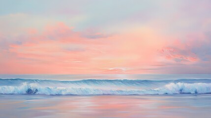 Fototapeta premium Soft pastel sunset over the ocean, gentle waves reflecting the pink and orange hues, tranquil beach scene, serene atmosphere, ultra-detailed, high definition.