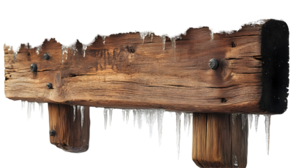 Wooden Beam with Icicles Isolated on White Background