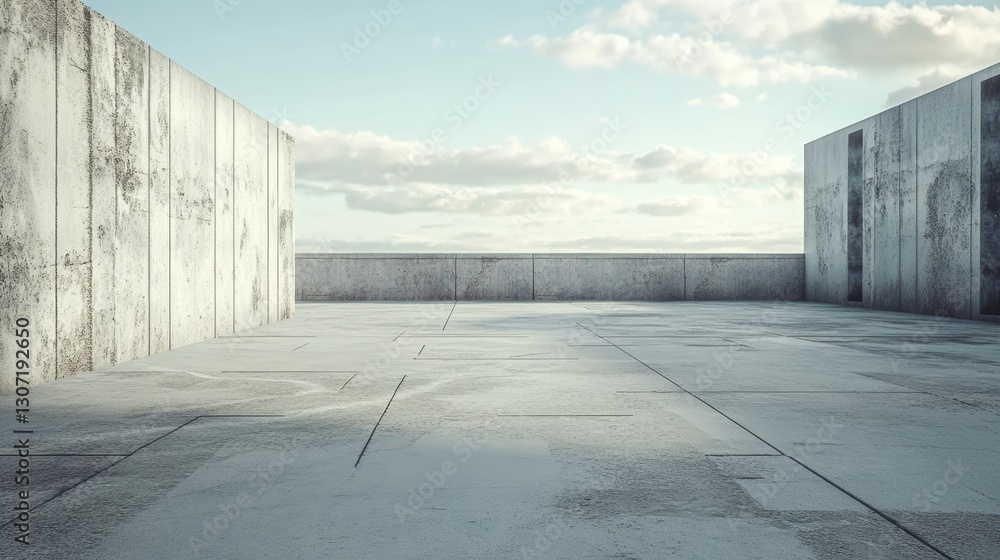 Poster empty concrete space with textured walls and overcast sky, suitable for background, architecture, or
