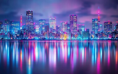 Vibrant night cityscape reflected in calm water.