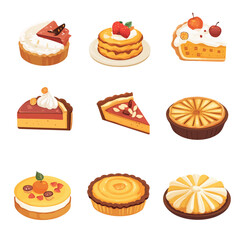 Assortment of delicious dessert pies and tarts with fruit toppings