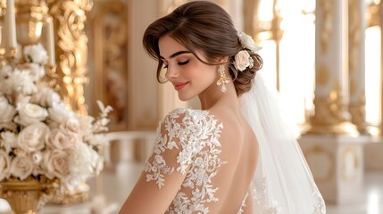 Naklejka premium Elegant bride in lace wedding gown, showcasing hairstyle and romantic floral accessories in luxurious venue