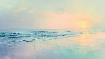 Fototapeta premium Sunrise over a tranquil beach, soft pastel colors reflecting on the water, gentle waves, serene and peaceful atmosphere, ultra-detailed, high definition.
