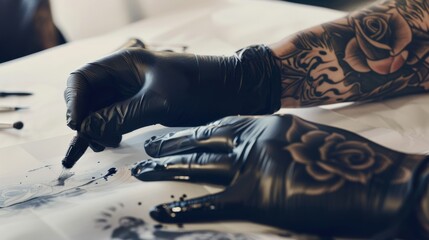 Artist Showcasing Sleeve Tattoos While Working on New Design