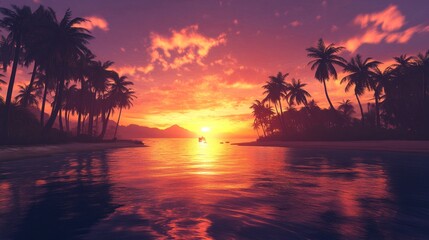 Sunset over a scenic bay with palm trees silhouetted against the vibrant sky, calm waters reflecting warm colors, peaceful and serene atmosphere, ultra-detailed.