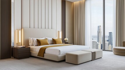 Scandinavian modern Hollywood bedroom, taupe walls, low plush bed, silky cream bedding, golden cushions, soft ambient lighting, heavy cream curtains