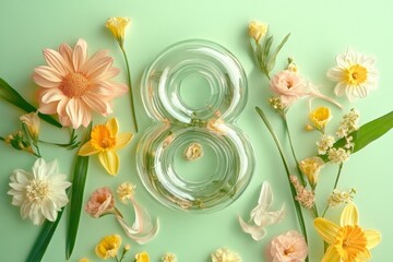 Elegant glass number eight surrounded by colorful flowers on mint green background