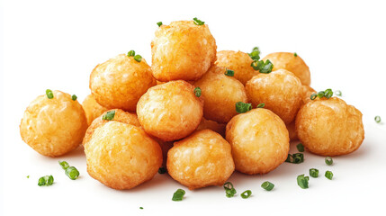 Golden Fried Potato Balls with Chopped Chives on White Background