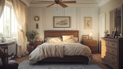 Well-organized Arafed bedroom with a classic bed, wooden dresser, and ceiling fan, styled with soft fabrics and warm tones. Copy space included