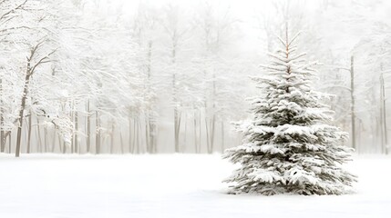 Fototapeta premium Snow-Covered Evergreen Tree in a Serene Winter Landscape Surrounded by Frosted Trees and Soft Snow Background