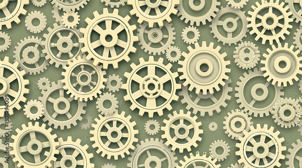 Poster interlocking gears: a detailed pattern of numerous interlocking gears, representing industry and eng