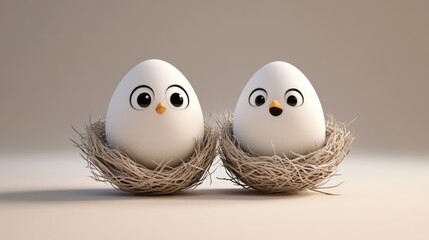 Cute cartoon eggs with big eyes in nests on light background. Easter, Pascha, Paskha, Ostern, Pascua, Paques - Orthodox and Catholic Holiday celebration