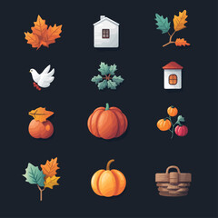 Fall icons: Pumpkins, leaves, houses, dove and basket elements on dark