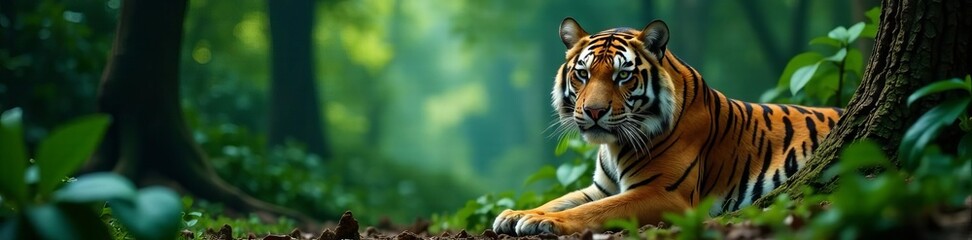 Fototapeta premium Camouflaged tiger, lush jungle background, sharp detail, jungle, fauna