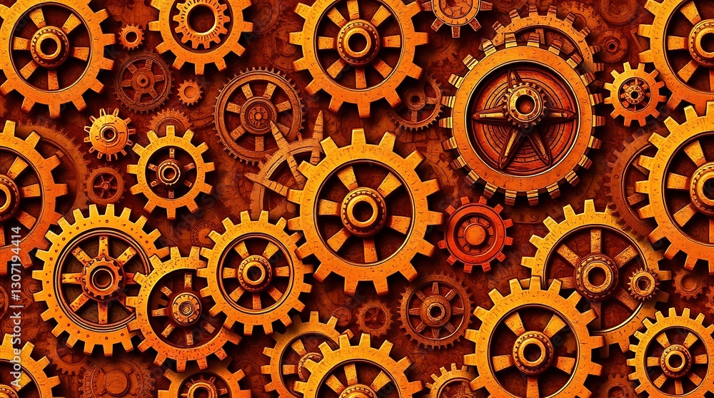 Poster mechanical harmony: an intricate composition of interconnected gears in warm hues suggesting industr