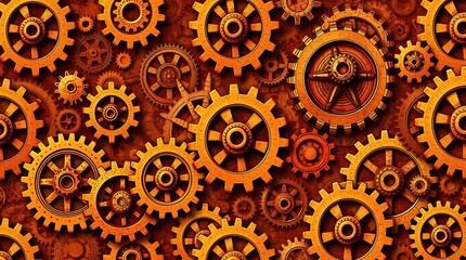 Mechanical Harmony: An intricate composition of interconnected gears in warm hues suggesting industry, mechanical precision, and the synergy of technological innovation.