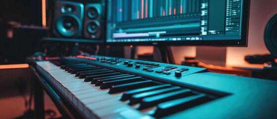 Fototapeta premium Modern Music Production Setup with MIDI Keyboard, Computer Monitor, and Digital Audio Workstation Software in a Stylish Recording Studio Environment