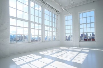 Fototapeta premium Sunny white loft interior with big windows. AI generated illustration.