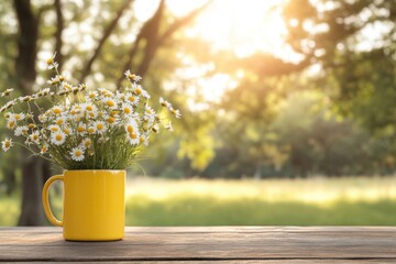 Bouquet of daisies in yellow mug sitting on wooden table in blooming garden at sunset