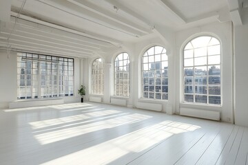 Sunny white loft interior with big windows. AI generated illustration.