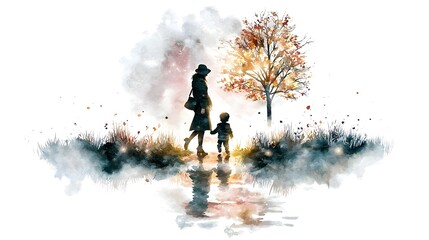 Fototapeta premium A delicate and watercolor composition of a mother and her little boy enjoying a quiet walk their silhouettes softly blending into a dreamy autumn background representing warmth connection