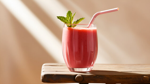 A chilled strawberry smoothie served in a transparent glass with a straw, highlighting its rich, creamy consistency and fresh berry flavor. - Powered by Adobe