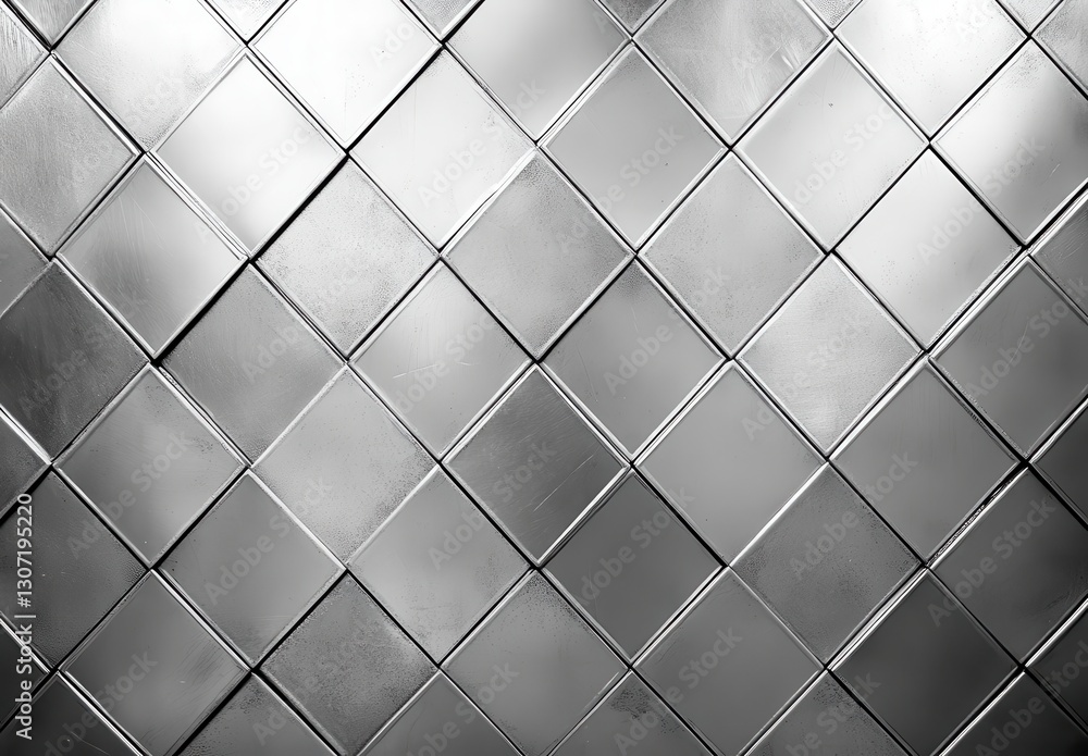 Poster textured silver tiles arranged in a diamond pattern on a contemporary surface, creating a modern and
