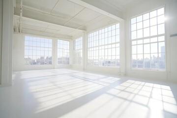Fototapeta premium Sunny white loft interior with big windows. AI generated illustration.