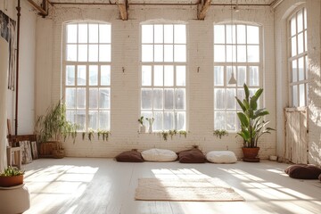 Fototapeta premium Sunny white loft interior with big windows. AI generated illustration.
