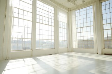Obraz premium Sunny white loft interior with big windows. AI generated illustration.