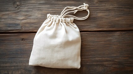 Beige Drawstring Bag on Rustic Wooden Surface for Zero Waste Concept