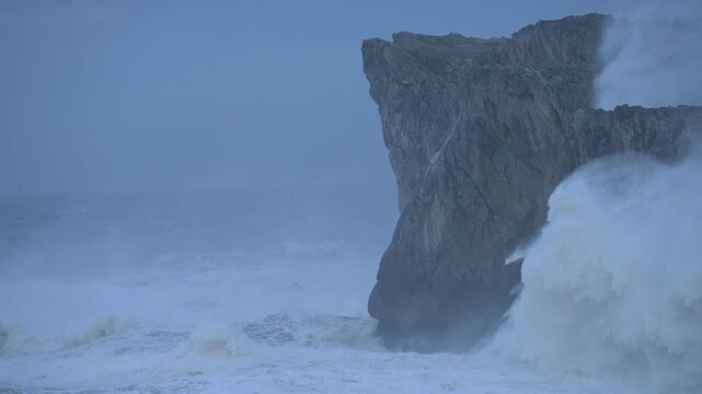 Powerful Storm Wild Waves on the Cantabrian Sea, Asturias Coast, Spain