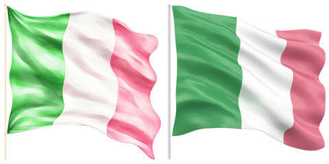 Obraz premium Two Italian flags waving in wind, showcasing green, white, and red tricolor design