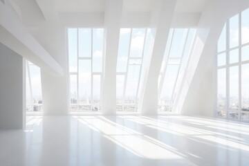Fototapeta premium Sunny white loft interior with big windows. AI generated illustration.