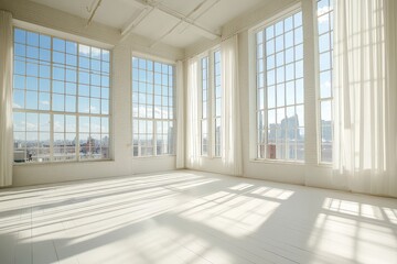 Fototapeta premium Sunny white loft interior with big windows. AI generated illustration.