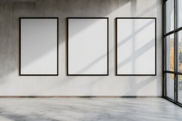 Obraz premium Three blank big mockup posters on wall. AI generated illustration.