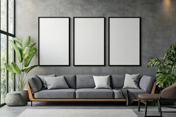 Three blank big mockup posters on wall. AI generated illustration.